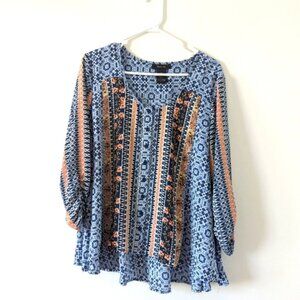 Boho Chic Blue Printed Long Sleeve Tunic Top - Style Co. Women's Size Medium